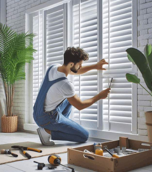 Man fixing white window shutters with tools.