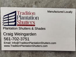 A business card for tradition plantation shutters.